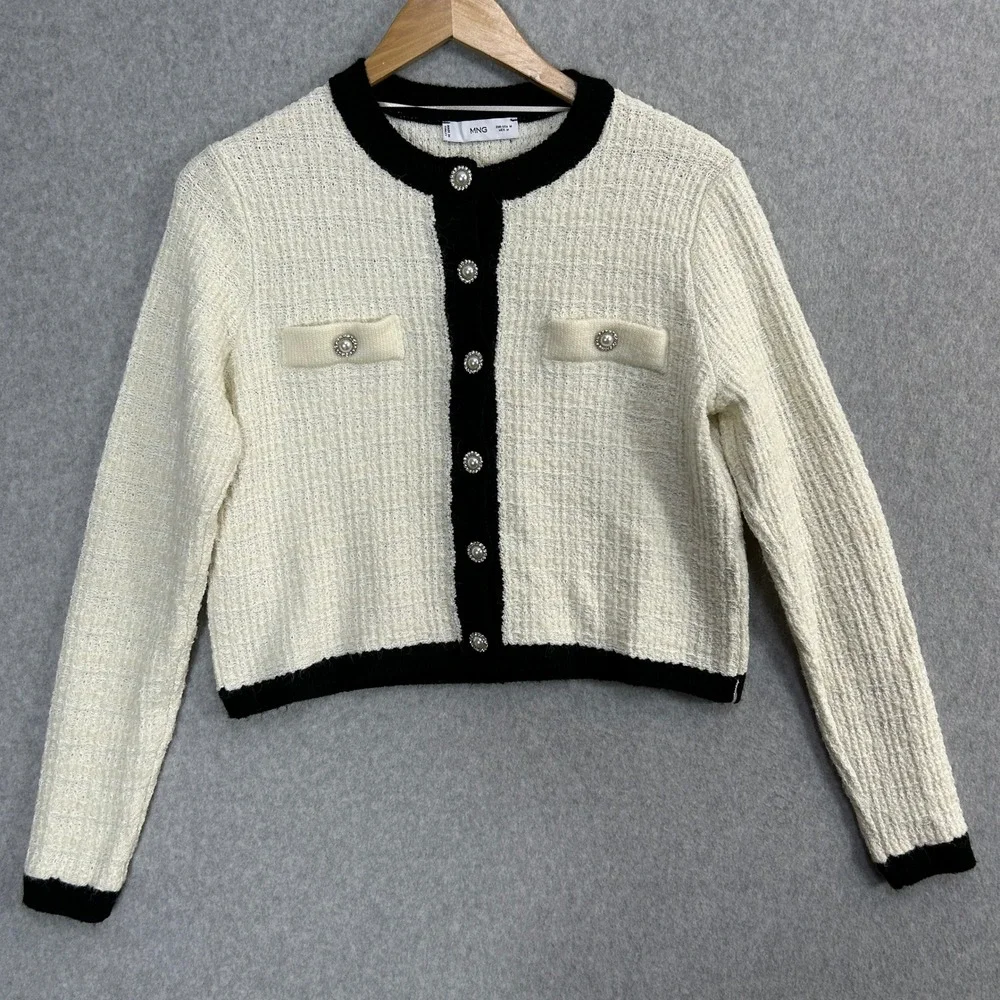 Mango Sz Medium Cardigan‎ Sweater Cream Black Contrast Pearl Button Tweed Knit